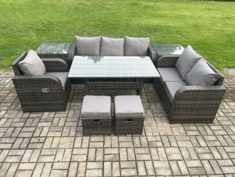 Fimous 8 Seater Garden Rattan Furniture Dining Table Sofa Set Indoor Outdoor with Reclining Chairs 2 Side Tables 2 Small Footstools Dark Grey Mixed