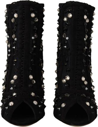 Dolce & Gabbana Womens Black Crystals Heels Zipper Short Boots Shoes Nylon