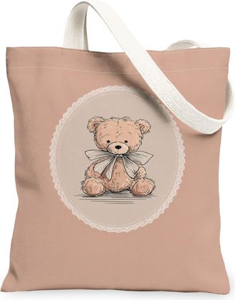 Generic Vintage Cute Bear Canvas Tote Bags, Adorable Animal Design Reusable Grocery Bags, Lightweight Washable Shoulder Strap, Peach, 13x15 Inch