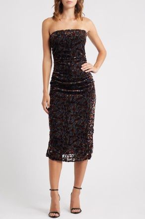 Lulus Pixie Metallic Floral Strapless Mesh Midi Dress in Tonal Floral at Nordstrom, Size X-Large