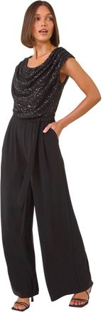Roman Womens Sequin Bodice Cowl Neck Jumpsuit - Black - Size 10 UK