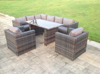 Fimous Dark Grey Outdoor Lounge Rattan Corner Sofa Set Garden Furniture Rectangular Dining Table Chair