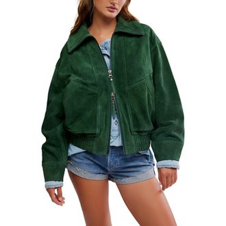 Free People Desert Moon Suede Bomber Jacket in Green Grove at Nordstrom, Size X-Small