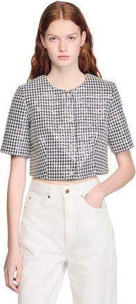 Sandro Cropped houndstooth tweed jacket in Black /White at Nordstrom, Size 34 Eu