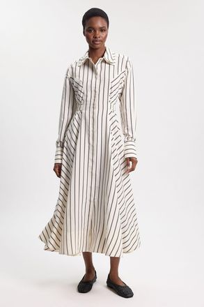 Karen Millen Womens Cotton Poplin Stripe Midi Dress - Monochrome Multi - Size 14 UK