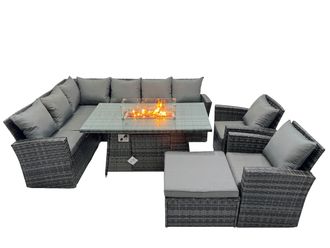 Fimous Rattan Outdoor Patio Gas Firpit Table Sofa Set with Big Stool 2 Chairs in Dark Grey