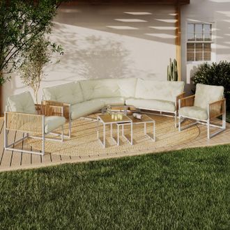 IDMarket Conjunto De Muebles Bajos De Jard&iacute;n Rio 8 Plazas Estructura De Metal Blanco Y Cordaje Efecto Rat&aacute;n Con Cojines Beige