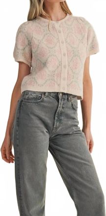Merci Floral Short Sleeve Sweater Cardigan In Cream
