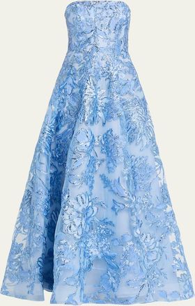 Naeem Khan Strapless Metallic Raffia Embroidered Gown