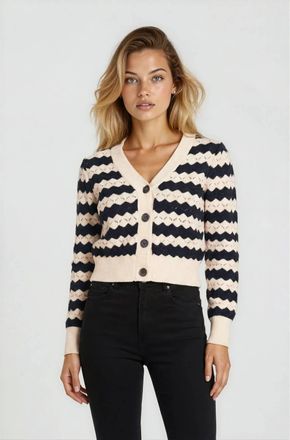 Chrldr Jamie Pointelle Cardigan Sweater In Black White Stripe
