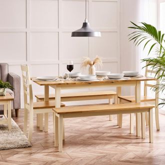 Furniturebox Salcombe Extending Rectangular Wooden Table with 2 Whitby Chairs & 2 Large Benches in Cream