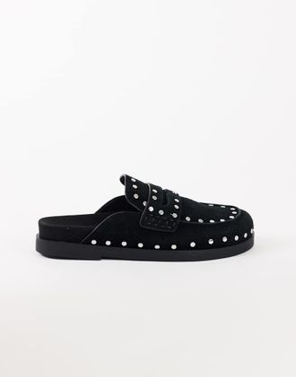 Topshop Addie mocassino mule borchiato in vera pelle scamosciata nero