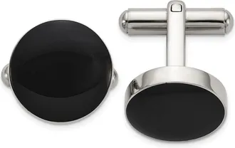 Diamond2Deal Stainless Steel Polished with Black Enameled Center Cuff Links