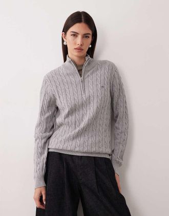 GANT Maglione lavorato a trecce in cotone grigio con zip corta