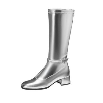 Generic Womens Square Toe Knee High Metallic Boots with Low Block Heel & Buckle Strap with Side Zipper Design for Events,Silver,7.5 UK