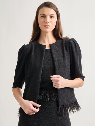 Misook Modern Fit Ostrich Feather Trim Stretch Woven Jacket