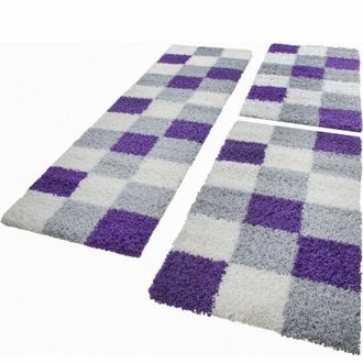 Paco Home Paco Home Juego Alfombras Pelo Largo Alrededor De Cama Cuadros Gris Lila Blanco 3 Piezas 2x 70x140 1x 70x250