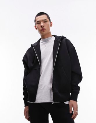 Topman premium heavyweight oversized full zip hoodie in black