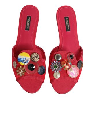 Dolce & Gabbana Womens Red Embellished Flats Slip On Sandals Shoes Pa+vi