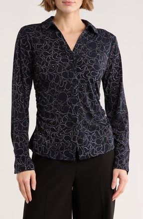 Adrianna Papell Long Sleeve Knit Button-Up Top in Blue Moon Dot Paisley at Nordstrom Rack, Size X-Small