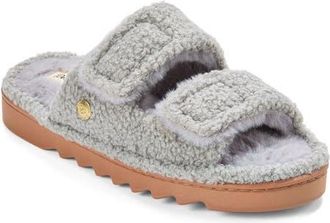 Dearfoams Regina Teddy Double Band Slide Slipper in Sleet at Nordstrom, Size X-Large