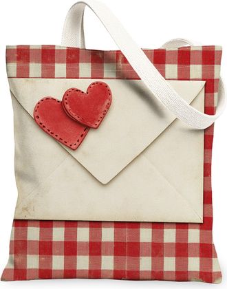 Generic Valentines Day Gingham Canvas Tote Bags, Heart Pattern Reusable Grocery Bags, Rustic Vintage Lightweight Washable Shoulder Strap Canvas 13x15 Inch