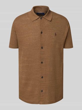 Polo Ralph Lauren Regular Fit Poloshirt aus Baumwoll-Leinen-Mix und Knopfleiste in Mittelbraun, Gr&ouml;&szlig;e S