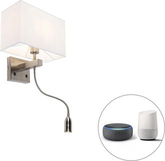 QAZQA Moderno L&aacute;mpara De Pared Inteligente De Acero Con Pantalla De Color Crema Blanco Con Wifi P45 - Bergamo Acero /textil Cuadrada /rectangular Incluye Le
