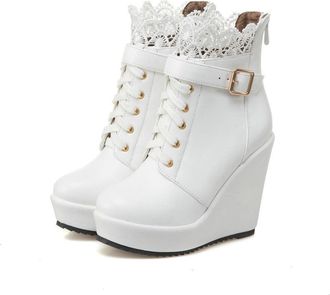 Generic Womens Wedge Heel Ankle Boots, Warm Lined Autumn Winter Wedge Boots with Lace Trim Platform Ankle Boots Round Toe Shoes for Everyday Wear Outdoor Acti