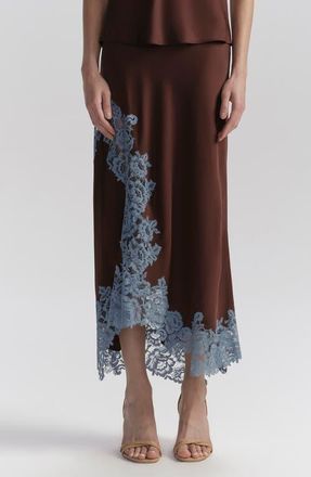 A.L.C. Olivia Lace Trim Asymmetric Satin Maxi Skirt in Ganache/French Blue at Nordstrom, Size Large