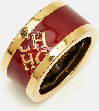 Carolina Herrera Ch Logo Red Enamel Gold Tone Band Ring