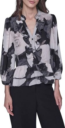 Karl Lagerfeld V-Neck Floral Print Ruffle Blouse In Charcoal