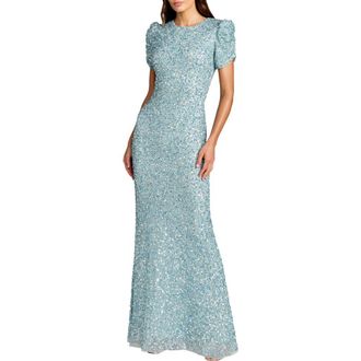 Mac Duggal Womens Embellished Mesh High-Neck Short Sleeve Gown in Powder Blue at Nordstrom, Size 14