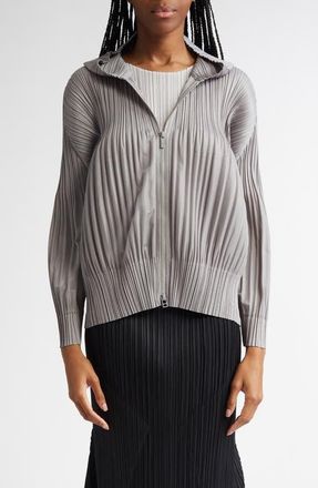 Pleats Please Issey Miyake Pleated Zip Front Hoodie in Gray at Nordstrom, Size 3