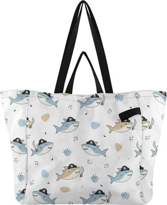 Generic Pirate Sharks White print Reusable Canvas Tote Bag, Heavy Duty Grocery Shopping Bag with Double Handles Hard Bottom Large Capacity Work Groceries Trav