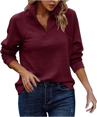 Generic Stylish Half Zipper Sweatshirt for Women Collared Neck Long Sleeve Textured Pullover Shirt Casual Baggy Oversized Sweat Tops Going Out Clothing Fall W