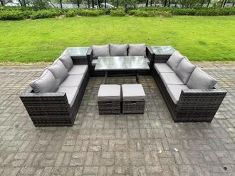Fimous Wicker PE Rattan Outdoor Furniture Lounge Sofa Garden Dining Set with Dining Table 2 Side Tables in Dark Grey