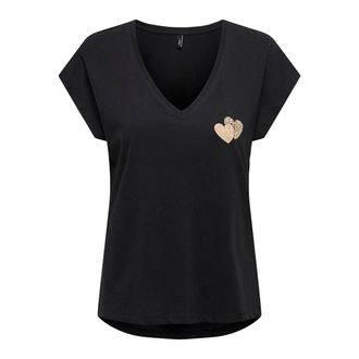 Only T-shirt met V-hals en hartmotief op de borst