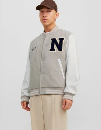 Jack & Jones Mens College Wool Blend Short Bomber Jacket - Grey - Size: 42/Regular