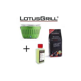 Lotus Grill Barbecue Verde con Batterie e Cavo di Alimentazione USB + 1Kg di Carbonella di Faggio + Gel Combustibile Inodore per Barbecue 200ml -Lotus Grill
