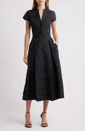 Sachin & Babi Hanna Floral Cloqué Cocktail Midi Dress in Black at Nordstrom, Size 10