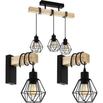 Loops Ceiling Spot Light & 2x Matching Wall Lights Black Wire Cage & Wood Trendy Lamp