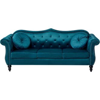Beliani Sofa Teal Velvet 3 Seater Nailhead Trim Button Tufted Throw Pillows Rolled Arms Glam SKIEN