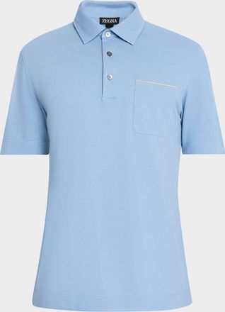 Ermenegildo Zegna Mens Pique Polo Shirt with Leather-Trim Pocket