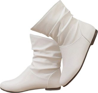 Generic White Boots,Slouch Boots,Ankle Boot for Women Uk,Ladies Leather Pointed Toe Slouch Ankle Boot,Comfortable Low Heel Booties for Women Low Top Pull on C