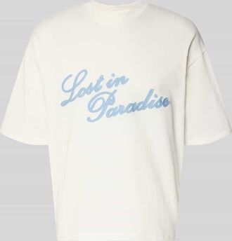 Review T-Shirt mit Logo- und Statement-Stitching in Offwhite, Gr&ouml;&szlig;e XXL