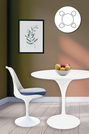 Fusion Living Tulip Set - White Medium Circular Table & Four Chairs with PU Cushion in Navy