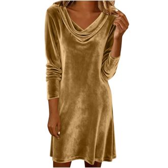 Generic Velvet Dresses for Women UK Casual Long Sleeve Solid Shirt Fashion Cowl Neck Drape Ruched Front Gown Pleated Loose Pullover Dresses Work Office Daily 