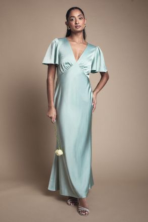 Oasis Womens Deep V Fluted Sleeve Maxi Bridesmaid Dress - Green - Size 16 UK