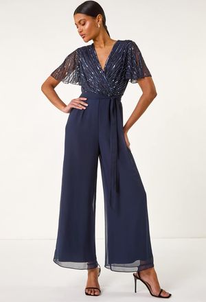 Roman Embellished Beaded V-Neck Jumpsuit